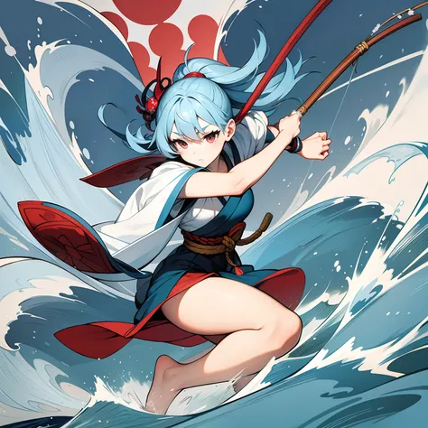 ukiyoe painting、Rough seas、fisherman、Spears in both hands、sideways Facing、poneyTail、Light blue hair、Deformed