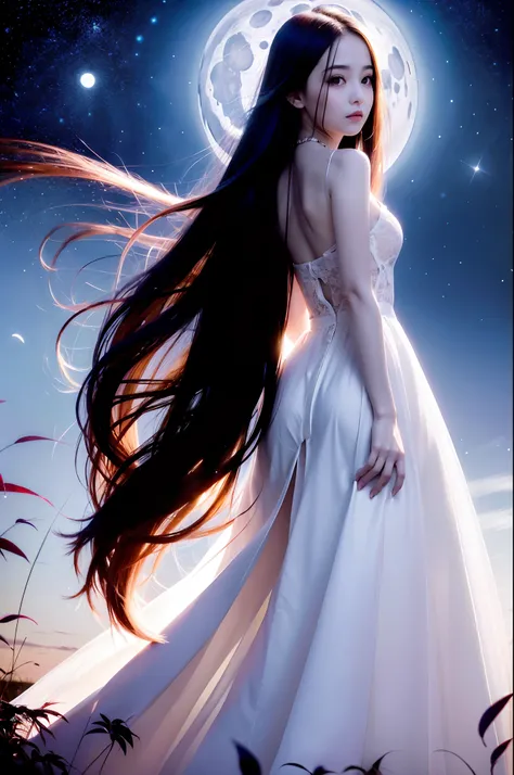 In the dark，A long-haired beauty standing in the towering grass，Wearing a white transparent lace dress,Long hair is blown up by the wind，Place one hand behind your ear，，Under the moonlit starry sky，extreme light，Outstanding light and shadow，in wonderland。V...