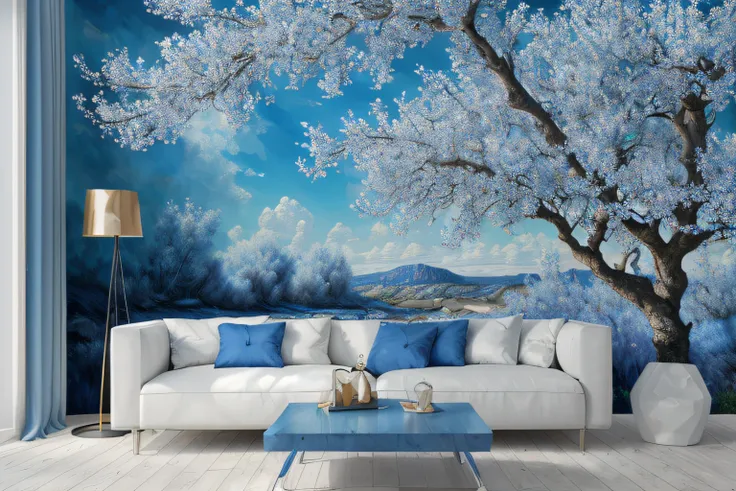 paysage imaginaire, cerisiers, Eau bleu cobalt(Highly detailed CG Unit 8k wallpaper), The most beautiful work of art in the world, Professional majestic oil painting, complexe, High detail, mise au point nette, dramatique, Art of photorealist painting