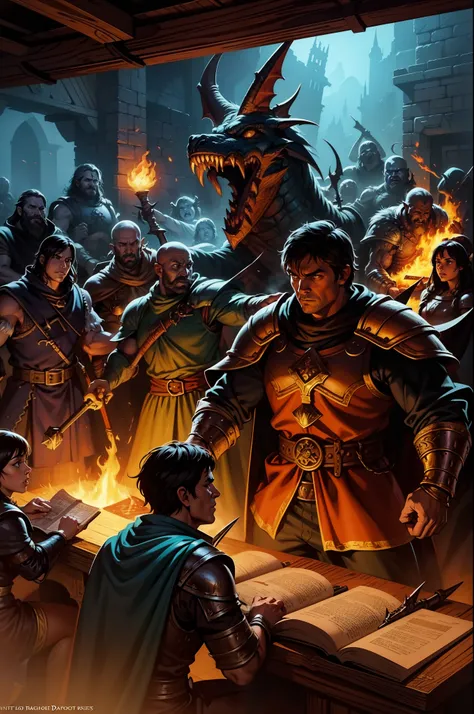 painting of a group of people fighting in a room with a fire, rpg rulebook illustration, roleplaying game art, fantasy rpg book illustration, dnd cover art, high quality dnd illustration, dungeons and dragons fantasy art, dungeons and dragons artwork, drag...