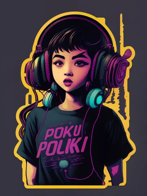 Vintage Poku girl with headphone character design，a sticker，full body shot shot，style of anime，Trigger studio style，comic book art，comic strip，scribble art，graphical，Intense neon color，Golden ratio composition，design for tshirt，8K