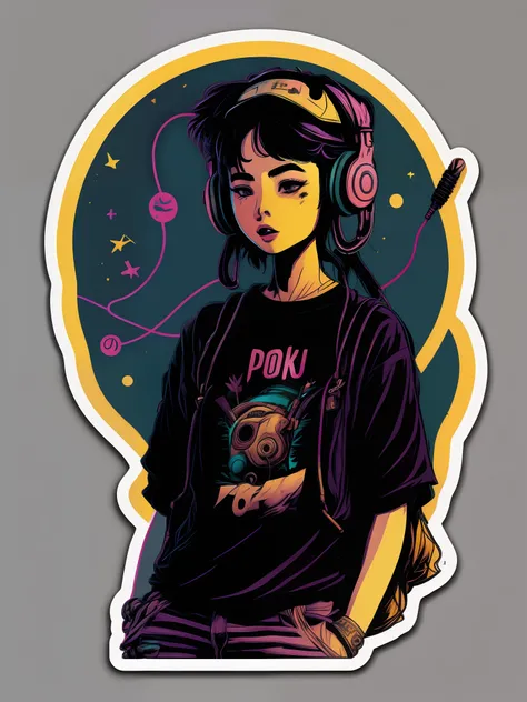 Vintage Poku girl with headphone character design，a sticker，full body shot shot，style of anime，Trigger studio style，comic book art，comic strip，ink，scribble art，graphical，Neon color，Golden ratio composition，design for tshirt，8k