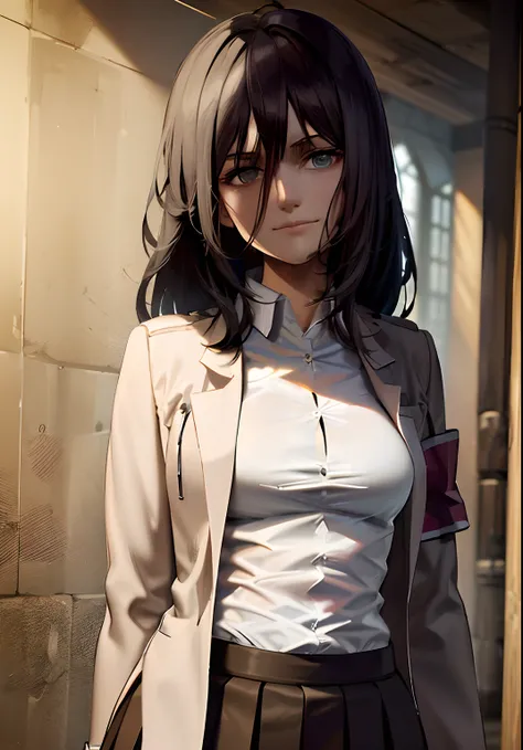 (Masterpiece:1.4), (Detailed:1.4), shirt, Jacket, Closed_Mouth, White_shirt, collared_shirt, The upper part of the body_Body, dress_shirt, Black skirt, Medium breast, Wide hips