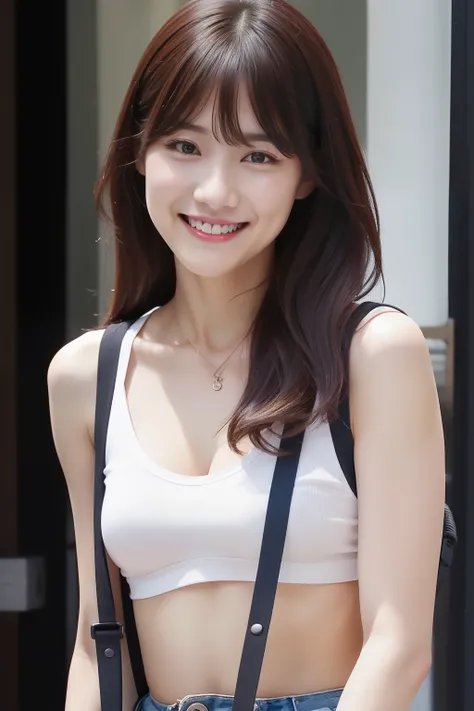 K-pop idols、With bangs、Female sexy、A smile、Have a camera、Carrying a rucksack、no-bra、Tank tops、shortpants、espadrilles