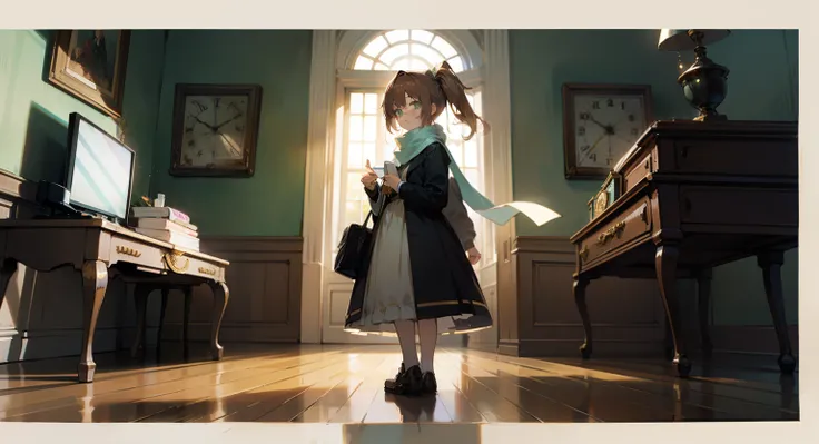 Little teenage girl，Green eyes，White scarf，Brown side ponytail，Eyes widened，darkened room，Contre-Jour，Ray traching，A hint of gold，Clocks that hang densely on the wall，Perspective drawing