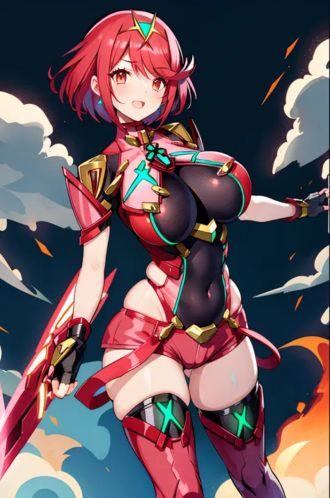 pyra (xenoblade), teen_1girl, armor, bangs, black gloves, breasts, red eyes, closed mouth, earrings, eyelashes, fingerless gloves, floating hair, framed breasts, gem, gloves, hair ornament, headpiece, jewelry, big_breasts, leaning back, leotard, neon trim,...