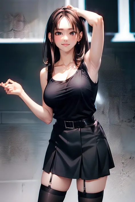 a black skirt　neck tie　Black tank top　　　　　　　Brown hair　long　Gray eyes　　holster　　Garter belt on the legs 　　　　large full breasts　　hands above your head　Colossal tits　Pichi Pichi clothes　both sides