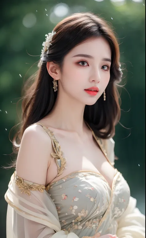 ((Best Quality, 8k, Masterpiece: 1.3)), Focus: 1.2, Perfect Body Beauty: 1.4, Buttocks: 1.2, ((Layered Haircut)), (Wet Clothes: 1.1), (Rain, Street:1.3), (Breasts: 1.2), (Hanfu: 1.2), Bare Shoulders, Bare Legs, Highly Detailed Face and Skin Texture, Fine E...