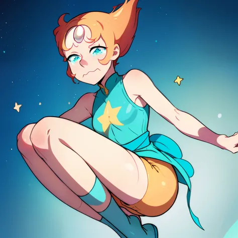 1girl, Pearl, pale, ivory complexion, light-cyan eyes, peach-colored hair, forehead gem, aqua blue tunic, cyan high-waist ribbon, yellow shorts, star emblem, swept-back hair, short hair, pearl gem, pointy nose, pink socks, light blue ballet flats, crying, ...