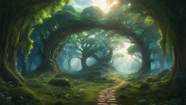 A closeup of a path in a forest with trees, ambiente florestal de fantasia, paisagem da floresta da fantasia, floresta da fantasia, magic fantasy forest, enchanted magical fantasy forest, enchanted and magic forest, bela floresta antiga, Arte de fantasia 4...