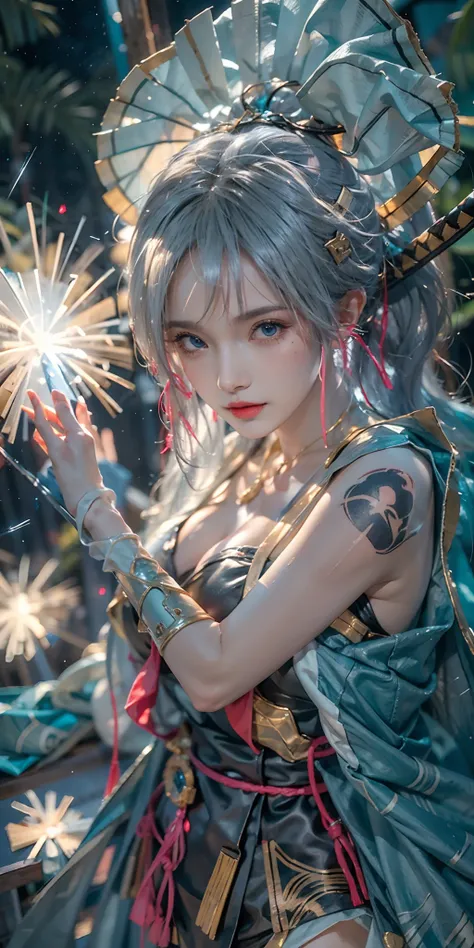 photorealistic, high resolution, soft light,1women, solo, hips up, (detailed face), nami (one piece), tattoo, jewelry,long_hair, fireflies, light_particles, pine_tree, snowflake_background, milky_way, aerial_fireworks, headdress, arms behind body, blue_eye...