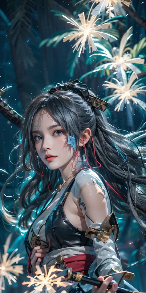 photorealistic, high resolution, soft light,1women, solo, hips up, (detailed face), nami (one piece), tattoo, jewelry,long_hair, fireflies, light_particles, pine_tree, snowflake_background, milky_way, aerial_fireworks, headdress, arms behind body, blue_eye...