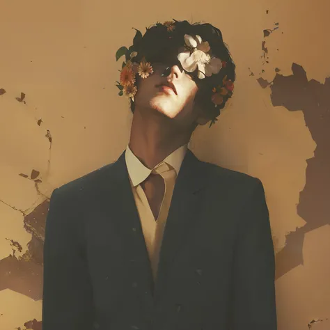 There was a man in a suit and tie，Wearing flowers on his head, flowers growing out of his body, guweiz masterpiece, frank moth, nostalgic melancholic artwork, flowers covering eyes, wearing a crown and suit, author：Barron Storey, takato yamamoto aesthetic,...