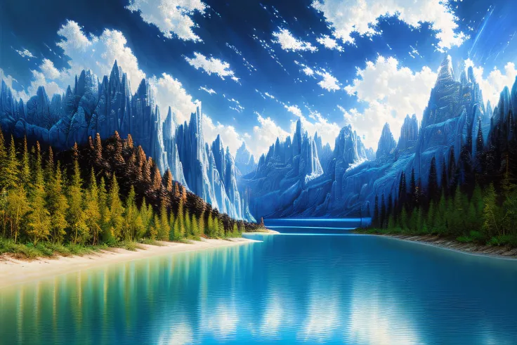 paysage futuriste, Eau bleu cobalt, lavande(Highly detailed CG Unit 8k wallpaper), The most beautiful work of art in the world, Professional majestic oil painting, complexe, High detail, mise au point nette, dramatique, Art of photorealist painting