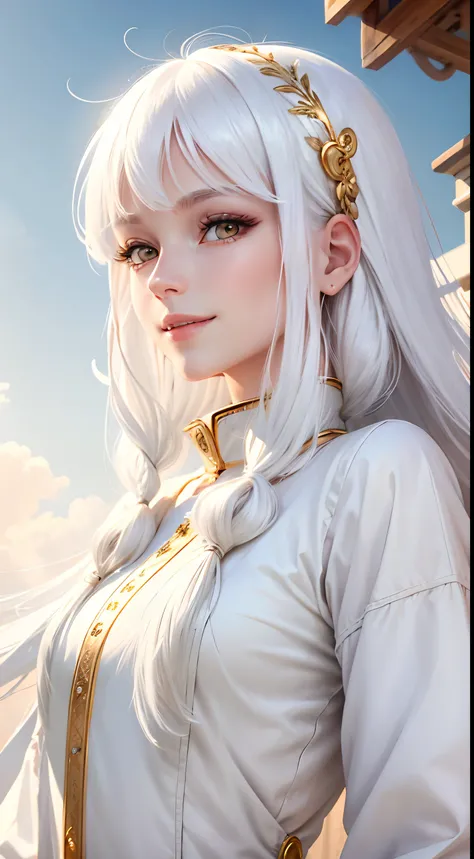 best quality, white hair, gold eyes, white clothes, looking up, upper body, hair strand, Fair skin, smiling