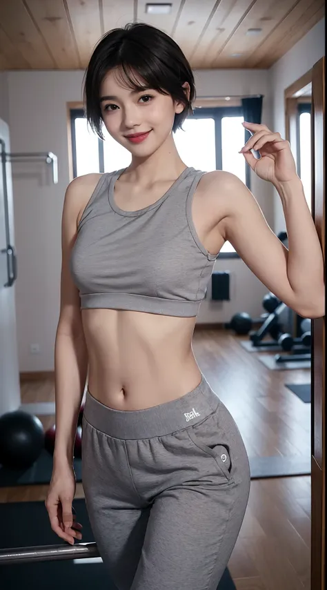 Shooting boyish short hair、(Colossal tits:1.5、Gray transparent yoga wear、sports gym、Power Rack、full body seen、The navel is visible、are visible、A sexy)、A smile、small head、bangss、chee、short wavy hair、small head、pale pink lip、Smiling smile