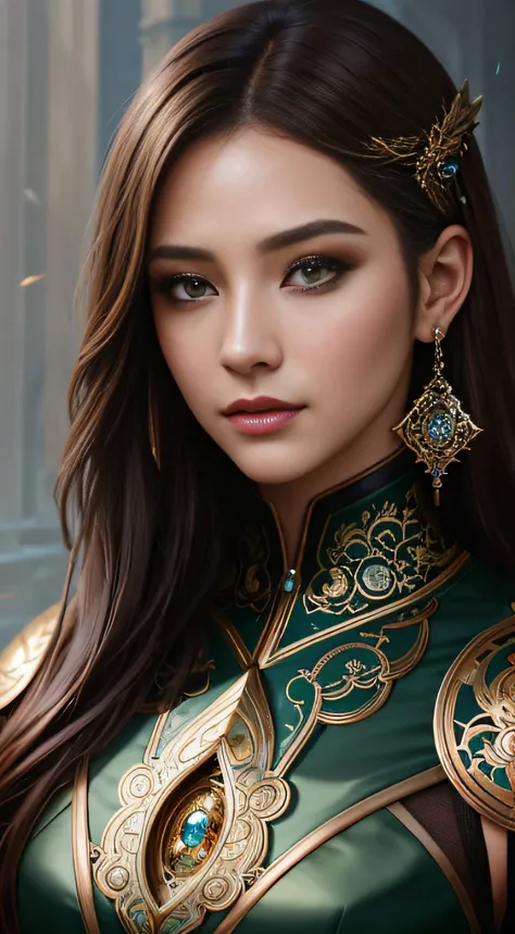 8k portrait of beautiful cyborg with brown hair，iintricate，ellegance，Highly meticulous，A majestic，Digital photography，The artistic germ and art of Nguyen Jia and Greg Rutkowski Surrealist painting filigree，brokenglass，（tmasterpiece，Sideslit，exquisite and b...