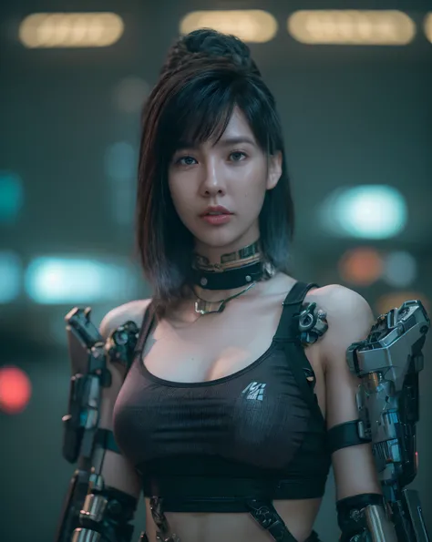 cinematic colorgrading film, dramatic scene, photography, RAW, Masterpiece, ultra wide angle, walking on the cyberpunk cityscapes, Ultra Fine Photo, (cyborg arms:1.3), medium breast, Best Quality, Ultra High Resolution, Photorealistic, volumetric light, St...