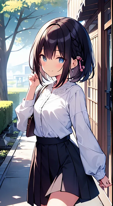 masutepiece, Best Quality,Illustration, Wallpaper, Ultra Detail, 1girl in,Solo,Beautiful detailed eyes,Very thick contour lines、Medium Short-Cut Hair、Short, Braided hair、(student clothes)、Dark hair color、a serene smile、Walking next door、Kamimei、Overlooking...