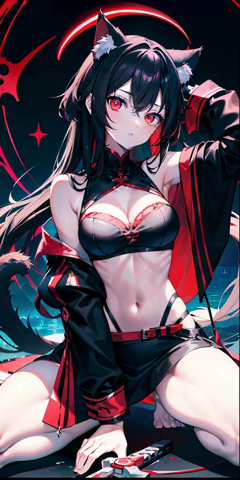 A close-up of a girl，Black hair，red color eyes，glowing light eyes，Separate the sleeves，black color dress,Cold，Perfect girly body，mediuml breasts，long leges，cat ear，black glove，the night，Lake surface，There are three cats next to it，Holding a black long swor...