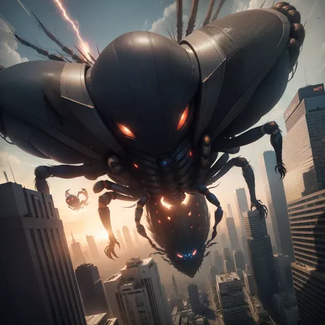 giant spider, Cybernate, en una ciudad destruida, atacando a los seres vivos