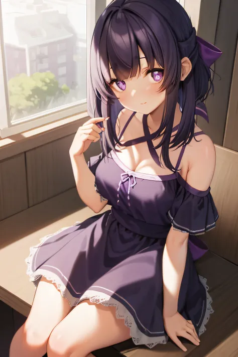 1girll, Solo, Fallen Shadows, (plump:0.8), Breasts, Purple hair, Medium hair, Hair Bow, side locks, Purple eyes, Purple dress, Summer dress, upper legs, Ribbons, frilld, Sitting, Indoors, Cafe, view the viewer,Bare chest