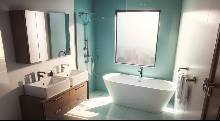 Make a bathroom, que tenha quartzo em seu piso e pia, ultrarealista, enhancing quartz