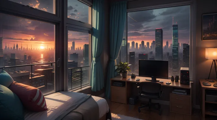 gamer room, window to the city at sunset, rainy weather, ultra-realistic 4K definition, enhanced lights