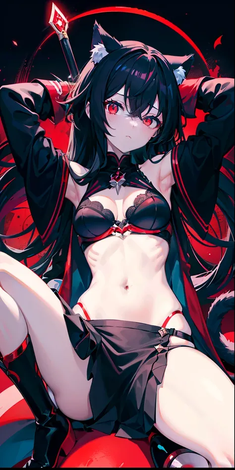 A close-up of a girl，Black hair，red color eyes，glowing light eyes，Separate the sleeves，black color dress,Cold，Perfect girly body，mediuml breasts，long leges，cat ear，black glove，the night，Lake surface，There are three cats next to it，Holding a black long swor...