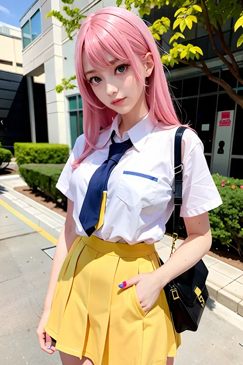 famale,pink hair,yellow eyes,school uniform,