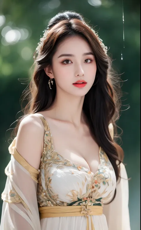 ((Best Quality, 8k, Masterpiece: 1.3)), Focus: 1.2, Perfect Body Beauty: 1.4, Buttocks: 1.2, ((Layered Haircut)), (Wet Clothes: 1.1), (Rain, Street:1.3), (Breasts: 1.2), (Hanfu: 1.2), Bare Shoulders, Bare Legs, Highly Detailed Face and Skin Texture, Fine E...