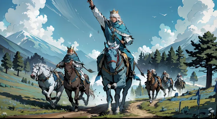 "foreshortening, first-person view, King with regal white hair and a majestic blue cloak riding a magnificent horse, leading a formation of infantrymen with Roman-style helmets and long spears on a dirt path through a picturesque meadow."