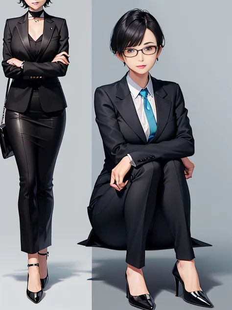 Workplace OL，Girl with rimless glasses，30 age old，flatchest，with short black hair，Light blue satin shirt，black suit jacket，black long dress，Black flat heeled leather shoes，sweet