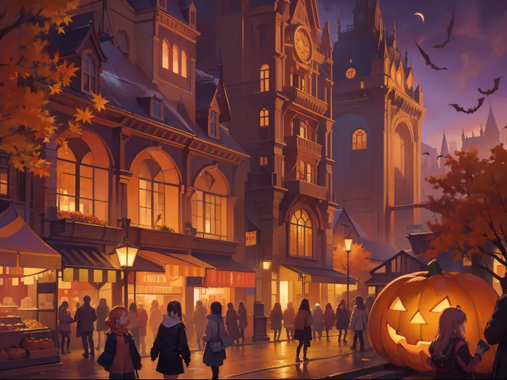 (masterpiece), best quality, ultra high res, sharp focus, beautiful scenery, detailed structure, detailed architecture, (at the night time:1.5), city in glowing light, halloween festival, fall season, orange color, (warm pastel color)