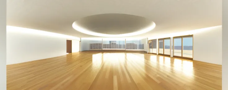 Rooms have wooden floors，Features large windows, ballroom background, large open room, indoor background, rendered in pov - ray, 360-degree equirectangular projection, rendered in unreal engine 3, well lit 3 d render, rendered lighting, highly photographic...