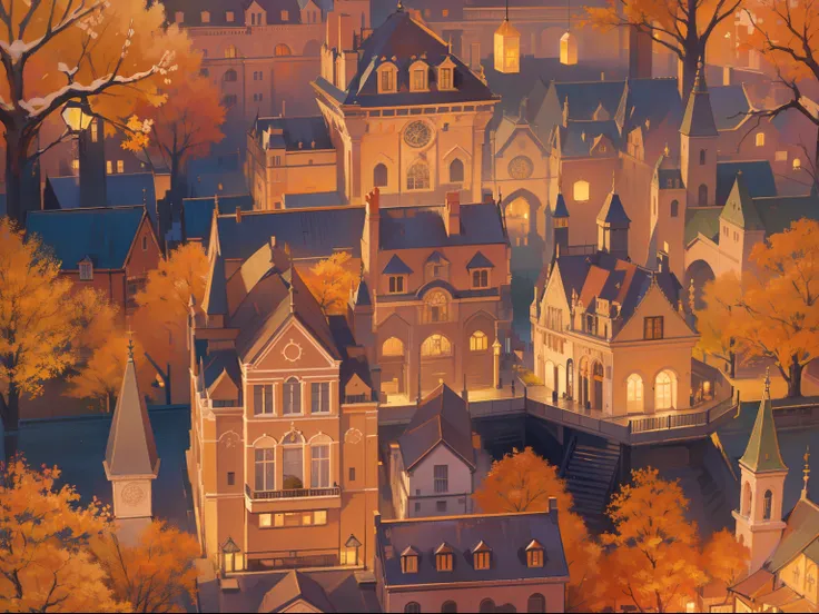 (masterpiece), best quality, ultra high res, sharp focus, beautiful scenery, detailed structure, detailed architecture, (at the night time:1.5), city in glowing light, halloween festival, fall season, orange color, (warm pastel color)