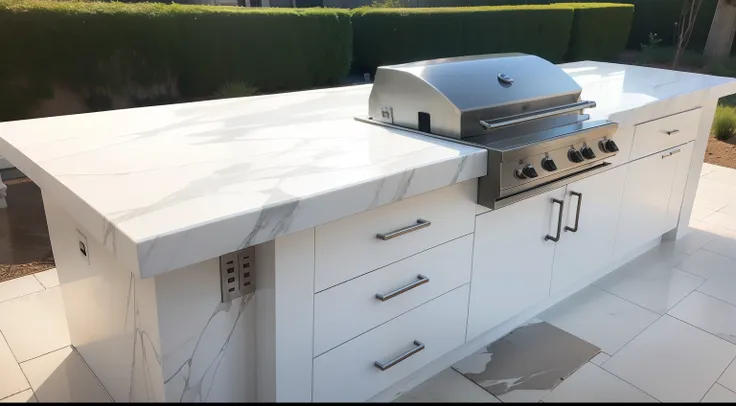 make a barbecue area, which has the counter and sink made of white marble, highlight the white marble, use beautiful lights