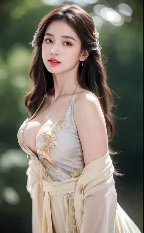 ((Best Quality, 8k, Masterpiece: 1.3)), Focus: 1.2, Perfect Body Beauty: 1.4, Buttocks: 1.2, ((Layered Haircut)), (Wet Clothes: 1.1), (Rain, Street:1.3), (Breasts: 1.2), (Hanfu: 1.2), Bare Shoulders, Bare Legs, Highly Detailed Face and Skin Texture, Fine E...