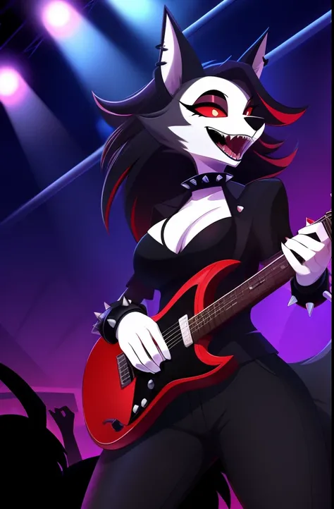 best quality, solo, 1 girl, wolf face, Eyelashes in the eyes, (visible white iris), (scarlet sclera), long fluffy tail, (Hellhound), expression excited, open the mouth for sing, wolf female, furry female, (long black and red gradient hair), wearing (red sh...