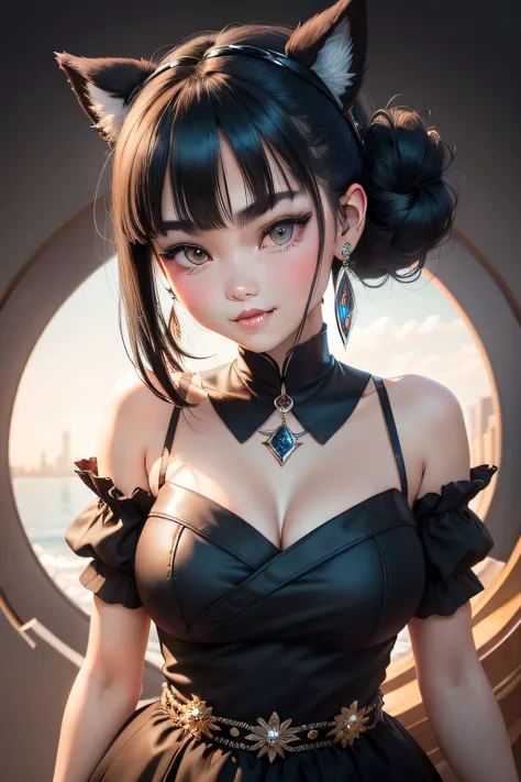 black hair, hair bobbles, wince, longeyelashes, solid circle eyes, fake animal ears, light smile, ear blush, fang, hair bun, kanzashi, hair bobbles, clenched teeth, crystal earrings, Surrealism, drop shadow, anaglyph, stereogram, tachi-e, pov, atmospheric ...