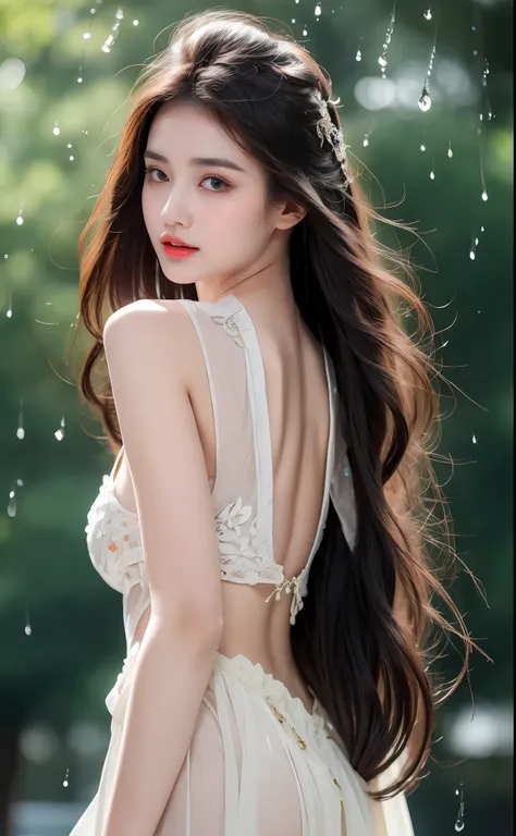 ((Best Quality, 8k, Masterpiece: 1.3)), Focus: 1.2, Perfect Body Beauty: 1.4, Buttocks: 1.2, ((Layered Haircut)), (Wet Clothes: 1.1), (Rain, Street:1.3), (Breasts: 1.2), (Hanfu: 1.2), Bare Shoulders, Bare Legs, Highly Detailed Face and Skin Texture, Fine E...