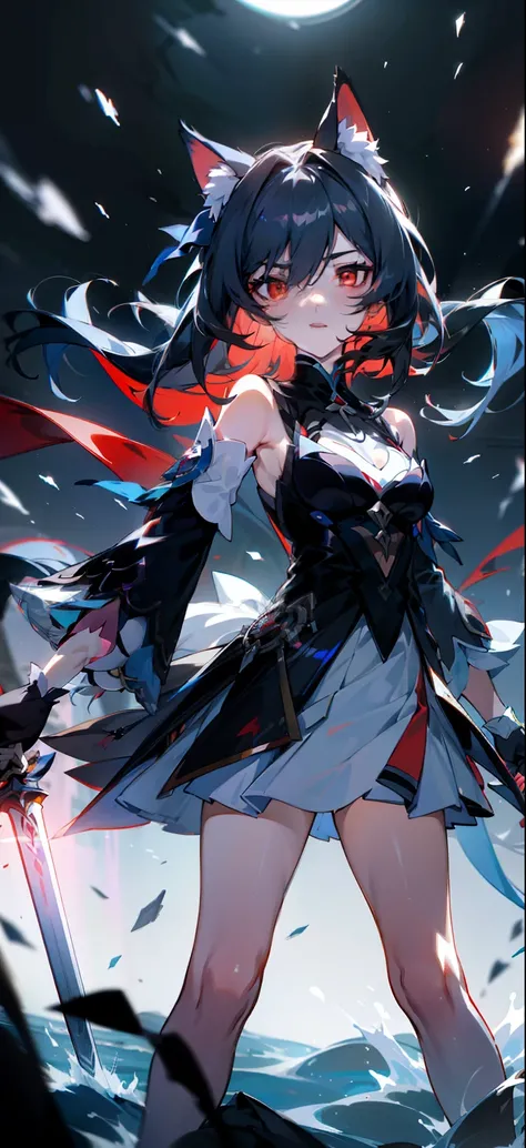 A close-up of a girl，Black hair，red color eyes，glowing light eyes，Separate the sleeves，shift dresses，Cold，Perfect girly body，mediuml breasts，long leges，cat ear，mitts，the night，Lake surface，There are three cats next to it，holding a longsword，Indifferent swo...