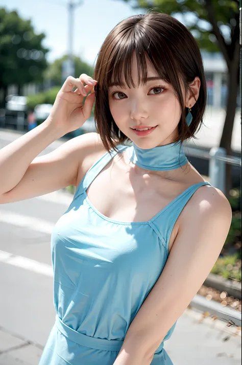 a woman posing on the street corner with light blue dress on, best quality, 1girl, large breasts, day, bright, blur background, bokeh, outdoor, (street:0.8), (people, crowds:1), (lace-trimmed dress:1.5, sleeveless dress, light blue clothes, light blue high...