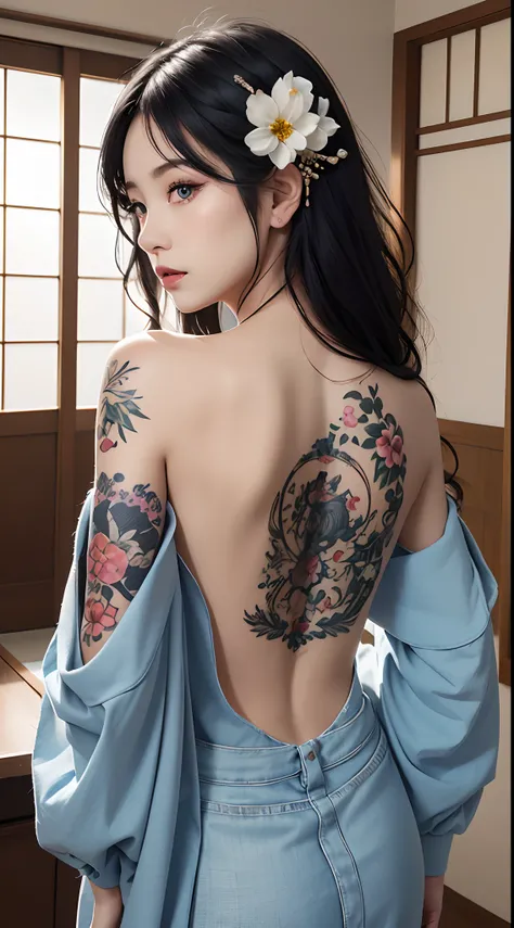 (masterpiece, top quality, best quality, official art, beautiful and aesthetic:1.2),1girl, tattoo, solo, japanese clothes,  hair ornament, unsheathing, black hair, sheath, back tattoo, blue eyes,  off shoulder, bare shoulders, looking back, from behind, fl...