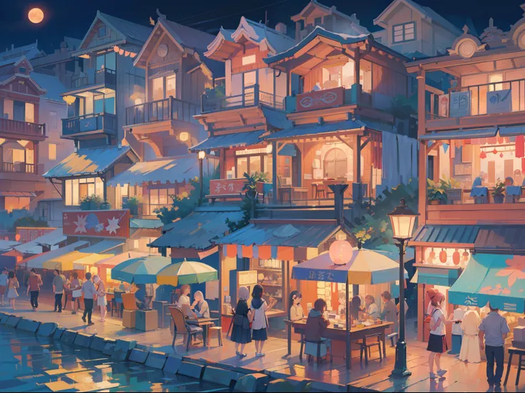 (masterpiece), best quality, ultra high res, sharp focus, beautiful scenery, detailed structure, detailed architecture, (at the night time:1.5), side town near beach, summer festival, summer season, vibrant color, (cool pastel color)