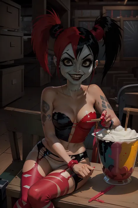 (masutepiece, Best Quality:1.2), Harley Quinn (God of Justice League々and monsters), Unlimited stuff, 1girl in, Smile, Sitting, Looking at Viewer, eating shaved ice, at food stand, Night