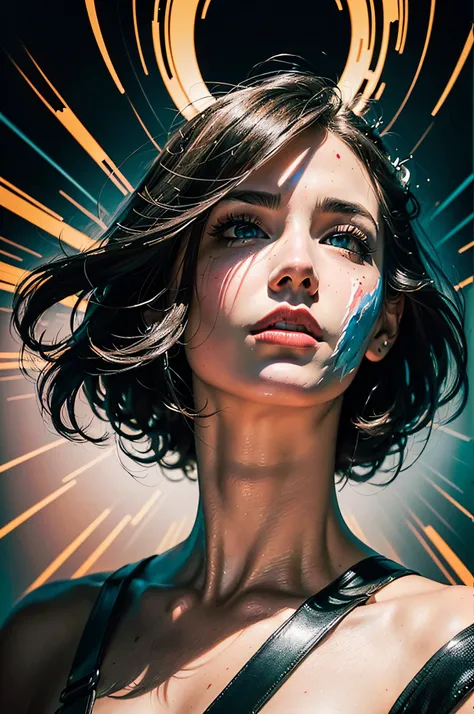 best quality, masterpiece, (realistic:1.2), detailed face, beautiful eyes, (masterpiece, top quality, best quality, official art, beautiful and aesthetic:1.2), (1girl:1.4), extreme detailed, (Joshua Middleton comic cover art:1.1), (Action painting:1.2), (c...