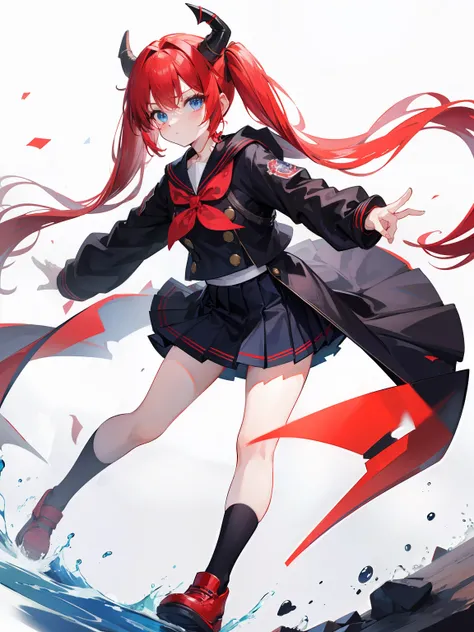 red hair, blue eyes, twintails, Sailor suit,black coat, Dragon horns,Pleated skirt,solo,loli,cute,bow