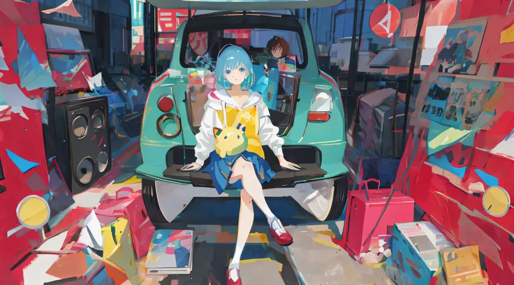 masuter piece,Anime girl sitting in a car with a boombox in front of her, anime style 4 k, 2 d anime style, official artwork, 2 D Anime, 2d art, 2 d art, 2d art cover, e-Girl, e - girl, lofi artstyle, lofi-girl, 8 0 s anime art style, 9 0 s anime art style