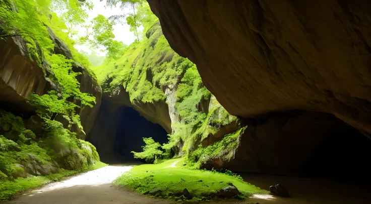 There is a cave in the mountains，Surrounded by green vegetation, A very large cave, very close to real nature, ancient cave, Ancient caves,Breathtaking landscapes，ln the forest，Faraway view